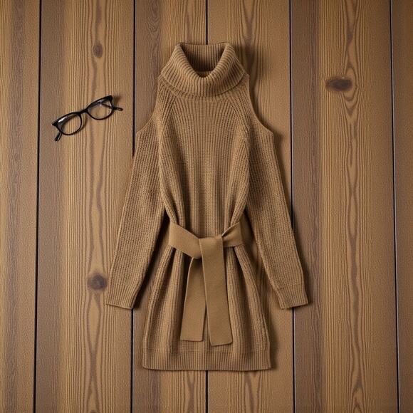 Lulus New Sweet Demeanor Turtleneck Cold-Shoulder Sweater Knit Belted Dress Tan - Picture 1 of 12